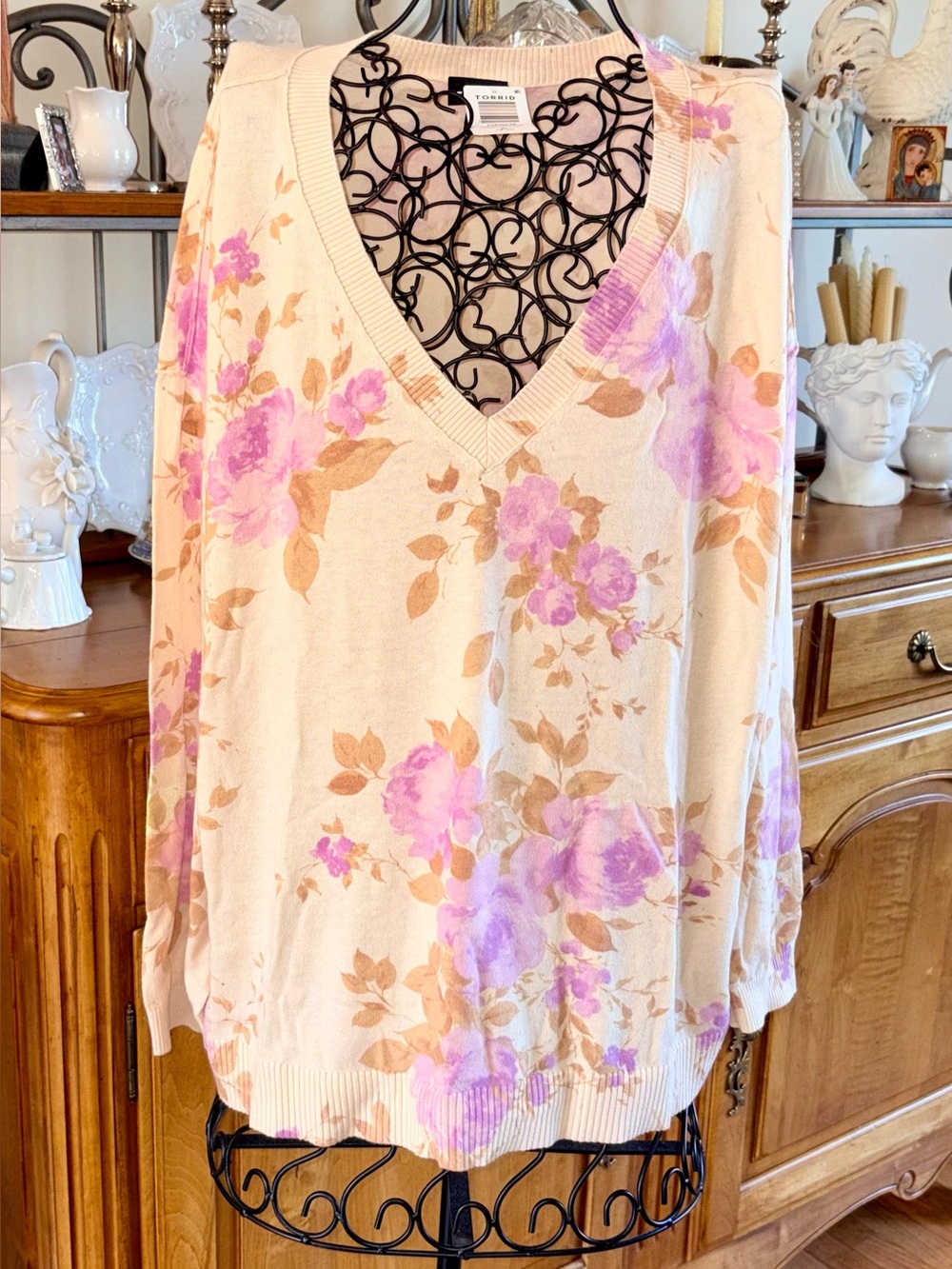 torrid Cream Floral V-Neck Pullover Sweater with Pink Blooms